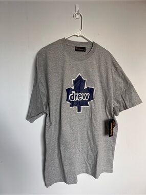 drew house Grey Tee with Navy Leaf Logo